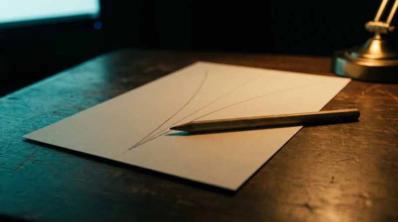 1点から分かれていく数本の線が描かれた紙と、その上に置かれた鉛筆