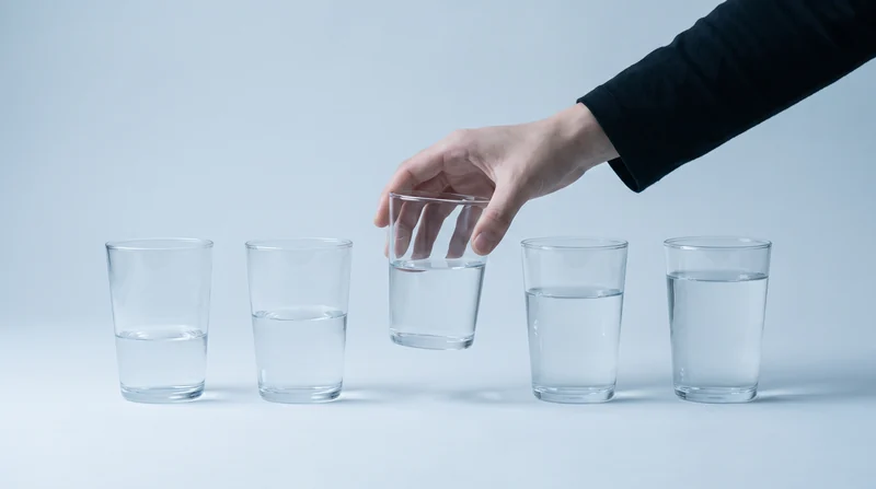 水位の違う5つのグラスが並ぶなかから、3つめだけを手で持ち上げている手元